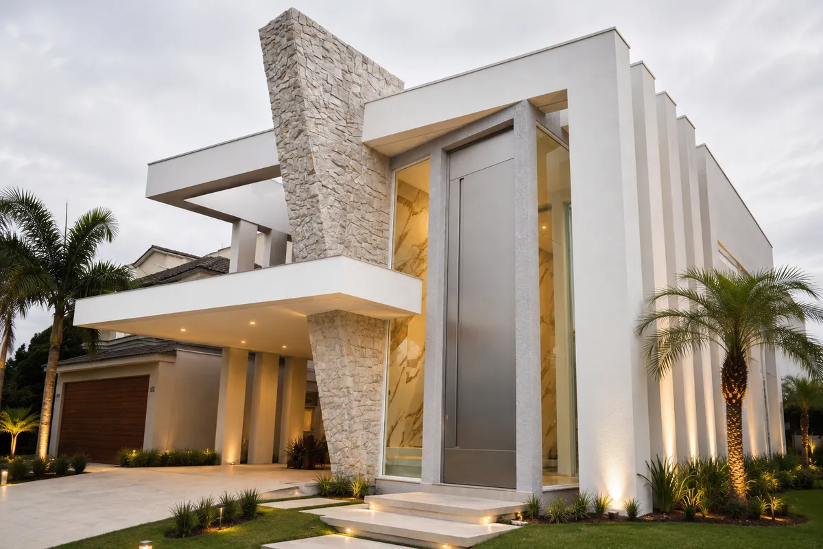 Porta de entrada exclusiva Steinmetz em fachada residencial de alto padrão